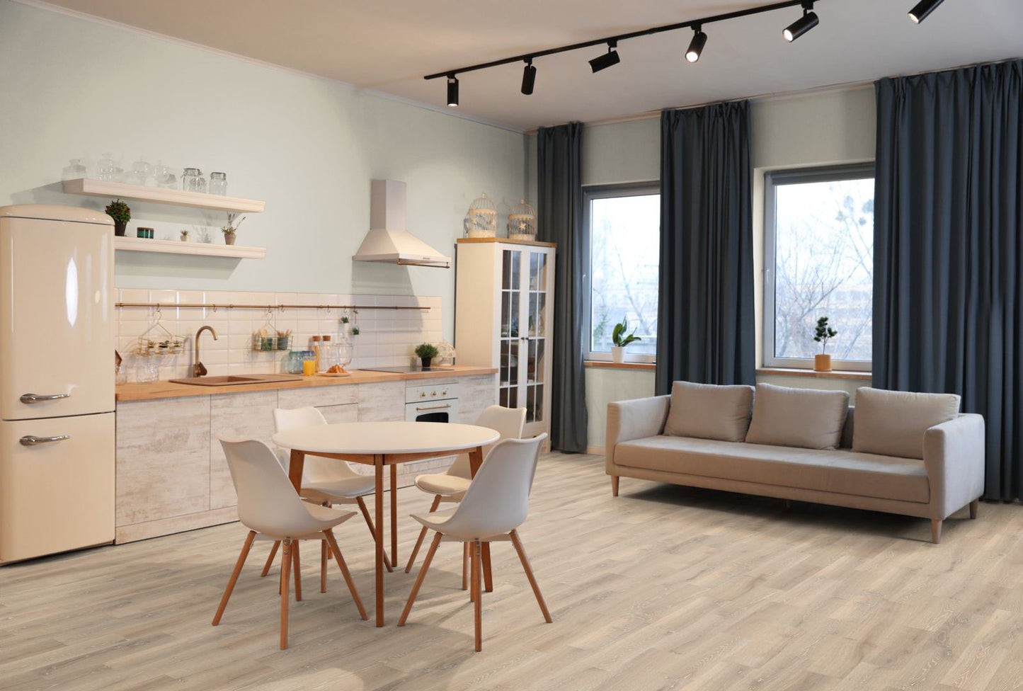 Alexandria Oak 180mm Engineered Flooring Lifestyle Picture of the flooring installed in a kitchen and living area. Part of the Lignum Strata Castro Collection of Engineered Wooden Flooring.