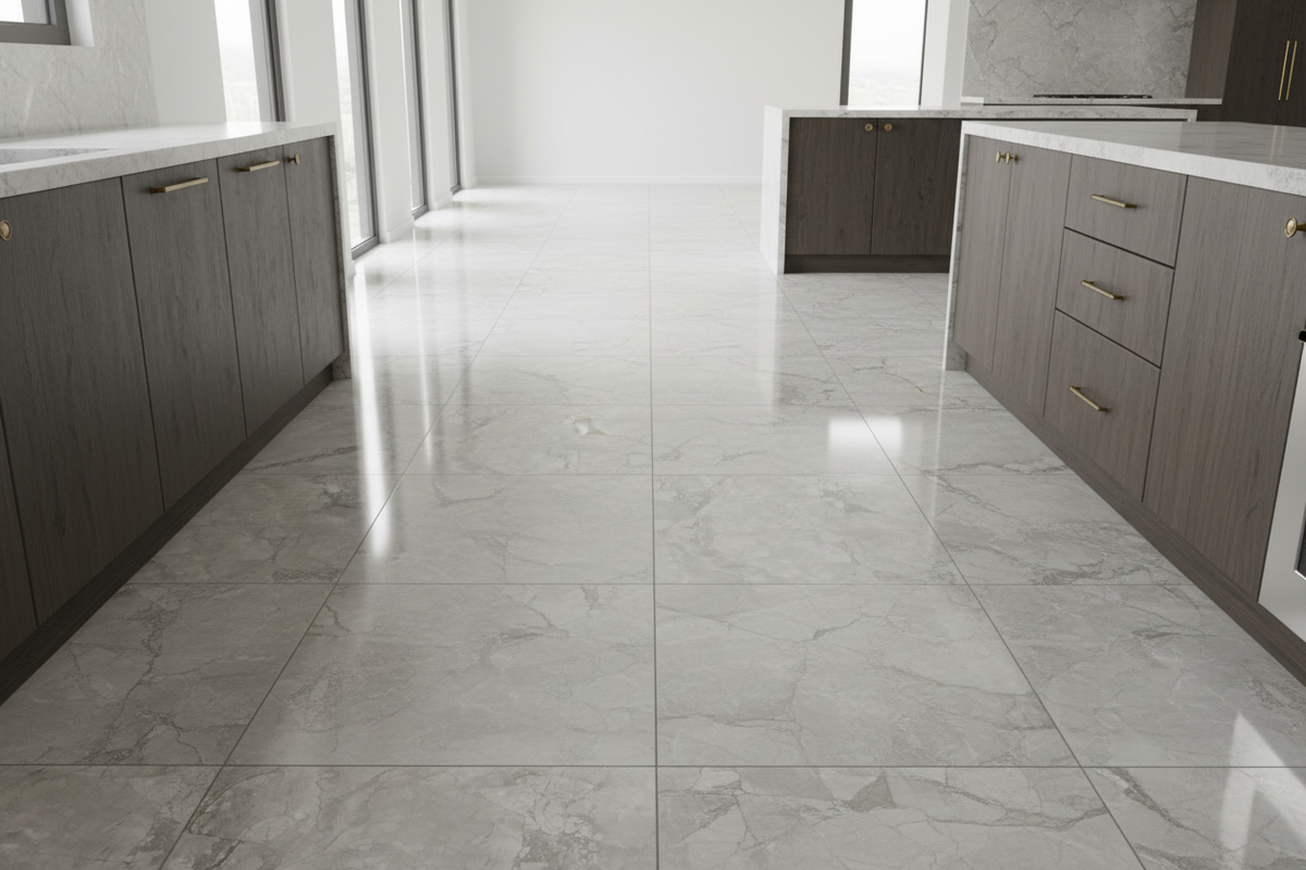 an image of a kitchen with a tiled floor using porcelain tiles. you can see the grout lines of the 600x600 carrera style porcelian tiles.
