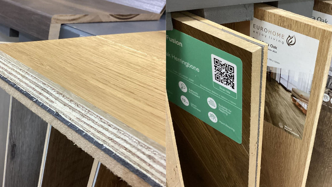engineered wooden floor beside a laminate wooden floor showing the different layers of each product type