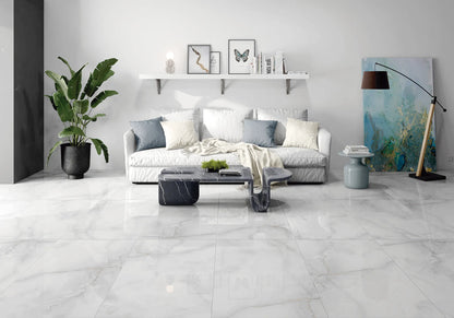 alpha grey polished porcelain tile in a living room floor by villa ceramica