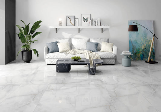 alpha grey polished porcelain tile in a living room floor by villa ceramica