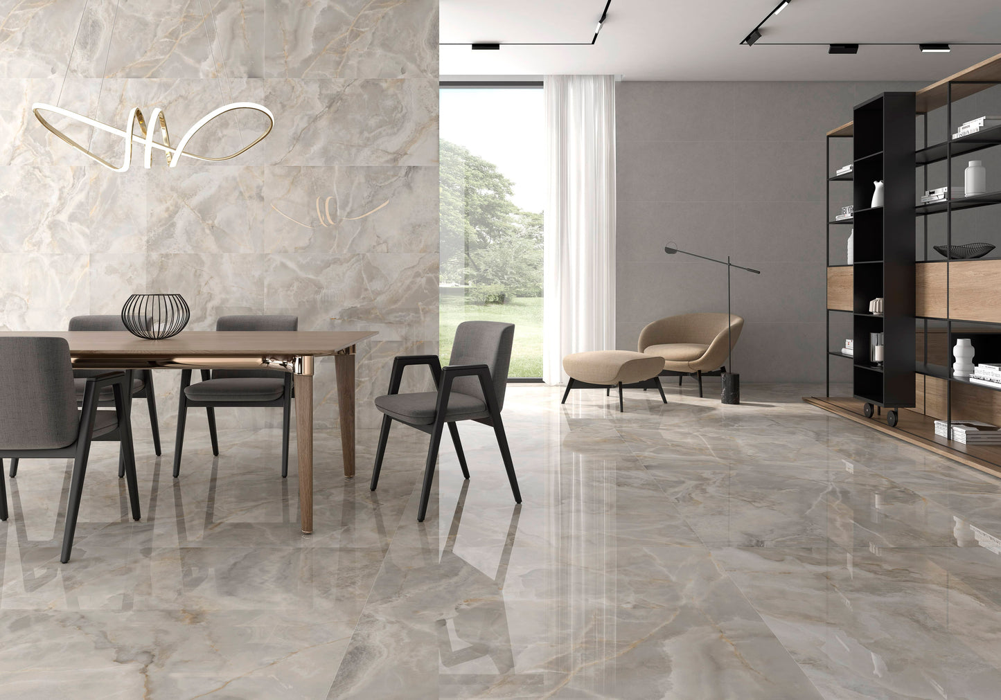 lifestyle scene of pamesa lux noor almond on the floor of a living area