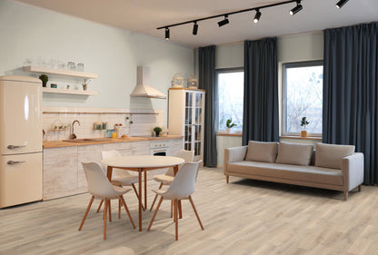 Alexandria Oak 180mm Engineered Flooring Lifestyle Picture of the flooring installed in a kitchen and living area. Part of the Lignum Strata Castro Collection of Engineered Wooden Flooring.