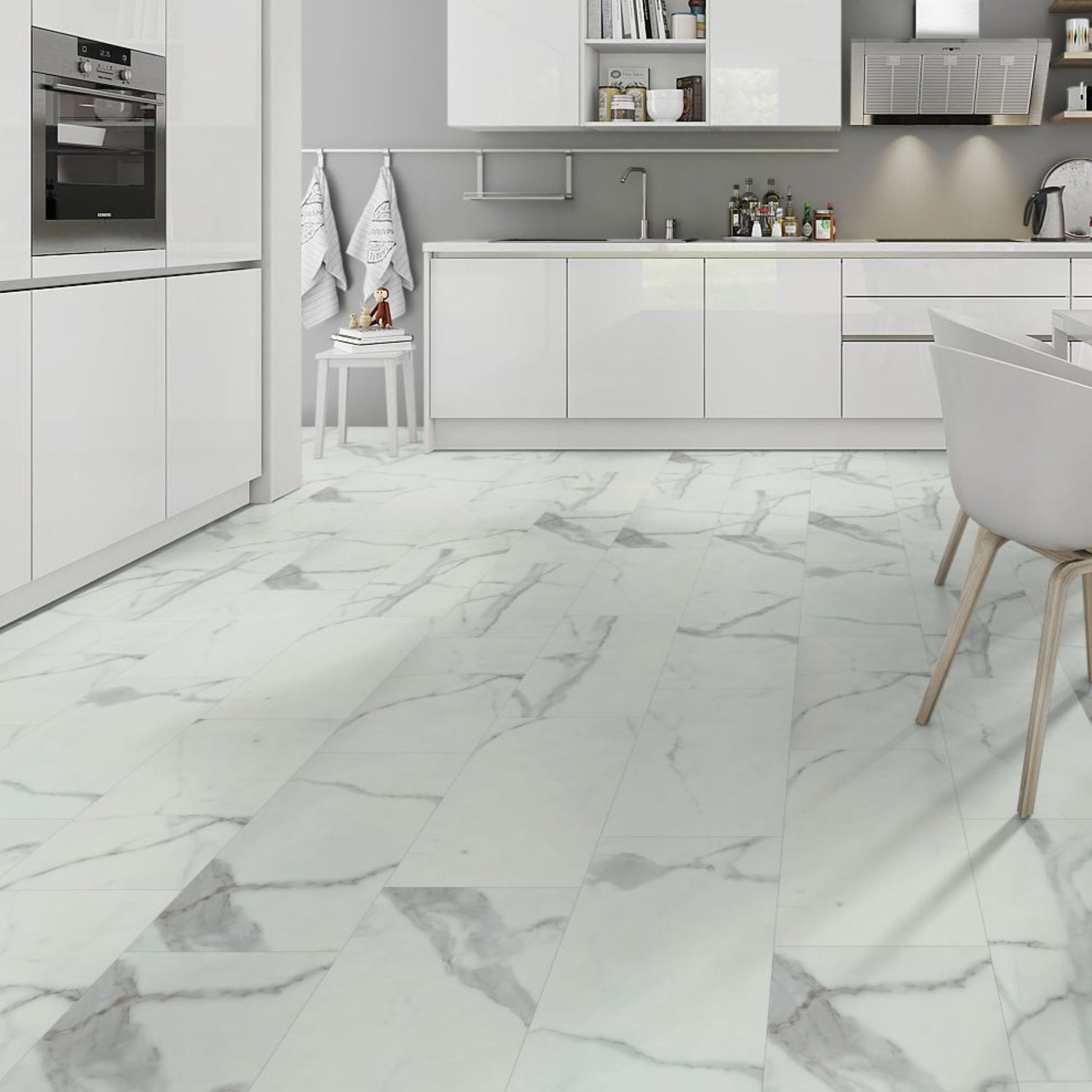 Carrara White Marble Matt Lignum Core Tile 5.5mm Rigid Vinyl Lifestyle Image