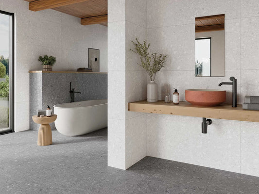 Ceppo grey 1200x600 porcelain large format floor tiles installed on a bathroom floor