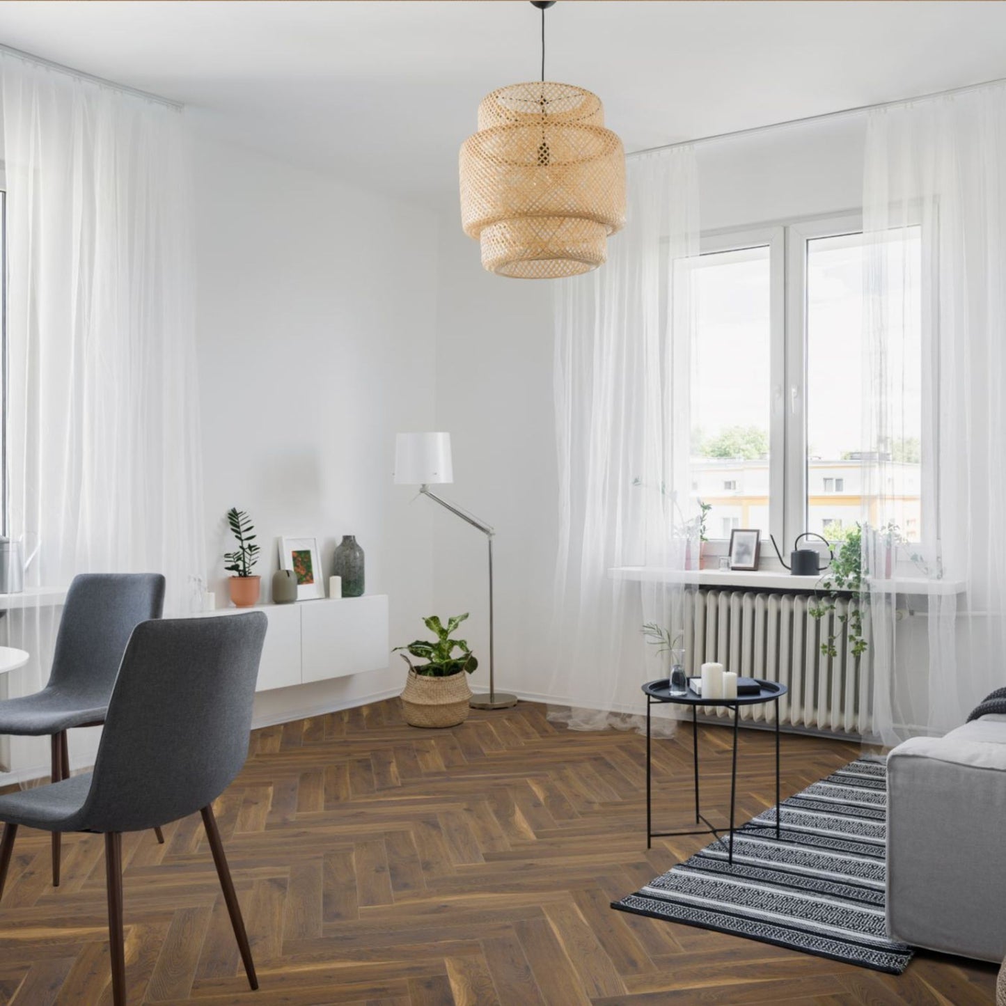 Coffee Oak Herringbone Lignum Fusion 12mm Laminate Lifestyle Image