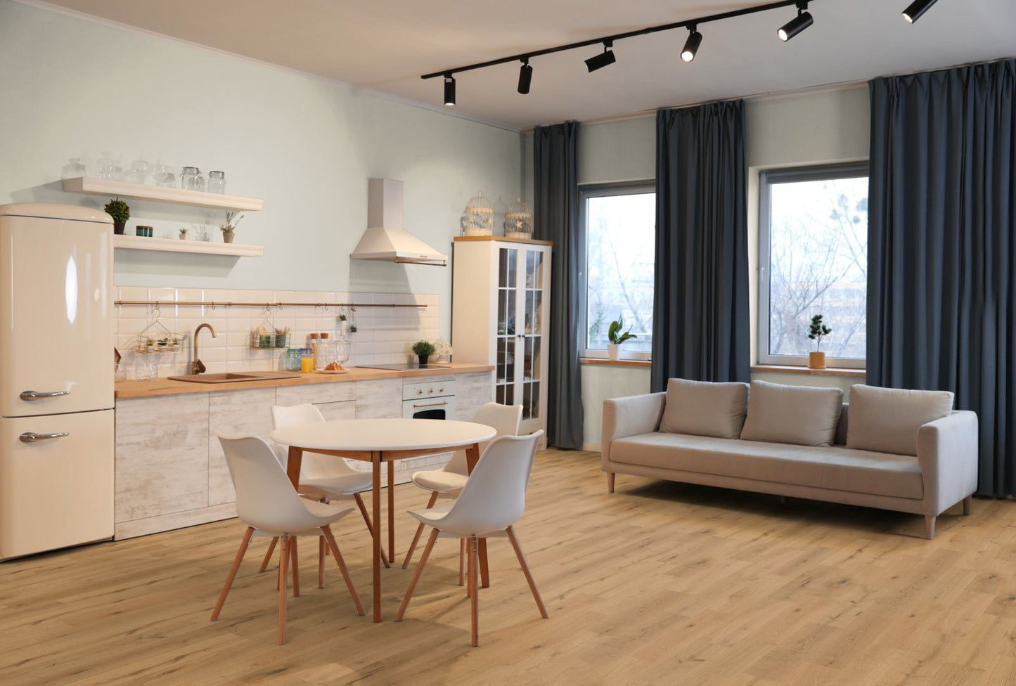 Fumado Oak 180mm Engineered Flooring Lifestyle Picture of the flooring installed in a kitchen and living area. Part of the Lignum Strata Castro Collection of Engineered Wooden Flooring.