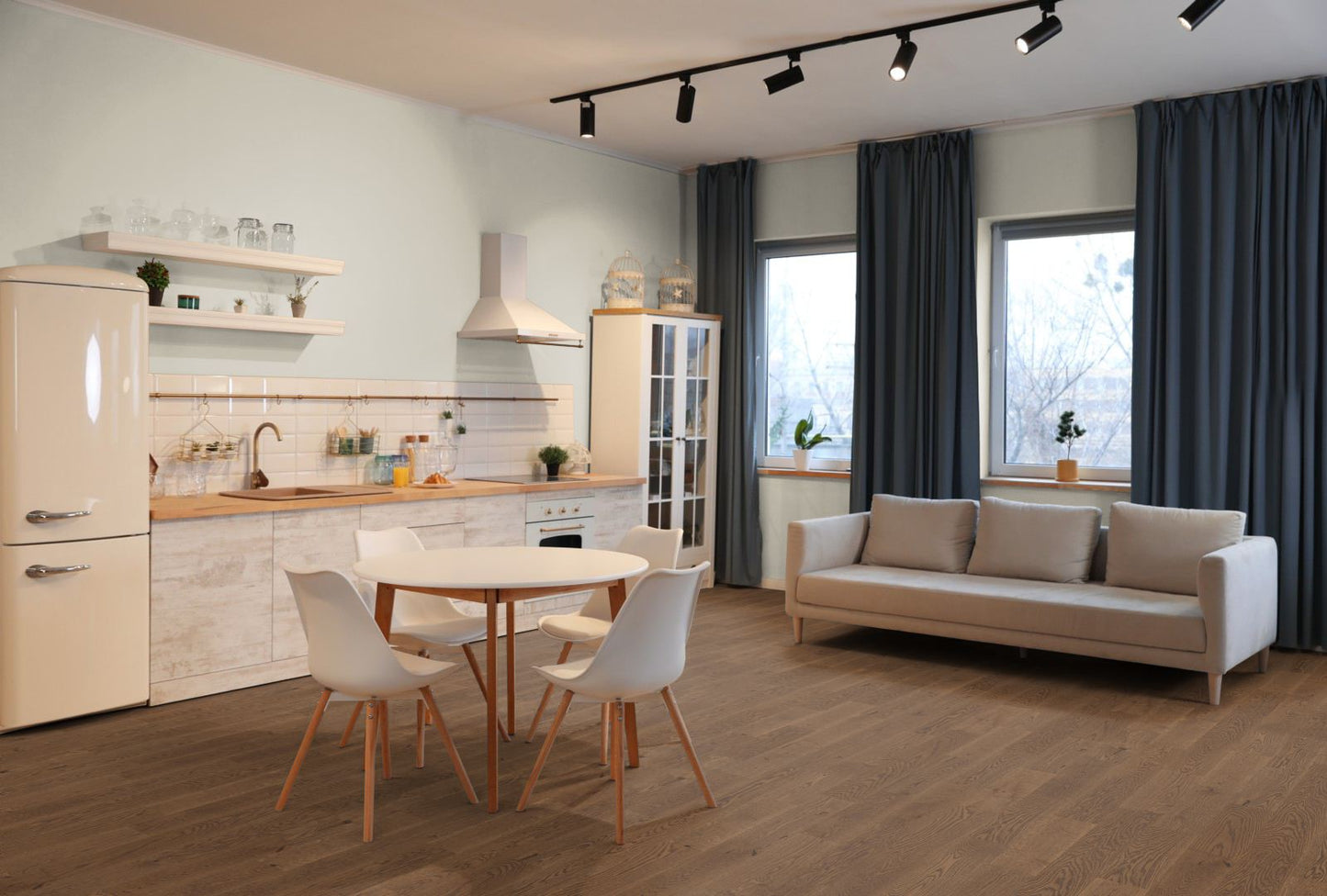 Hagia Sophia Oak 180mm Engineered Flooring Lifestyle Picture of the flooring installed in a kitchen and living area. Part of the Lignum Strata Castro Collection of Engineered Wooden Flooring.
