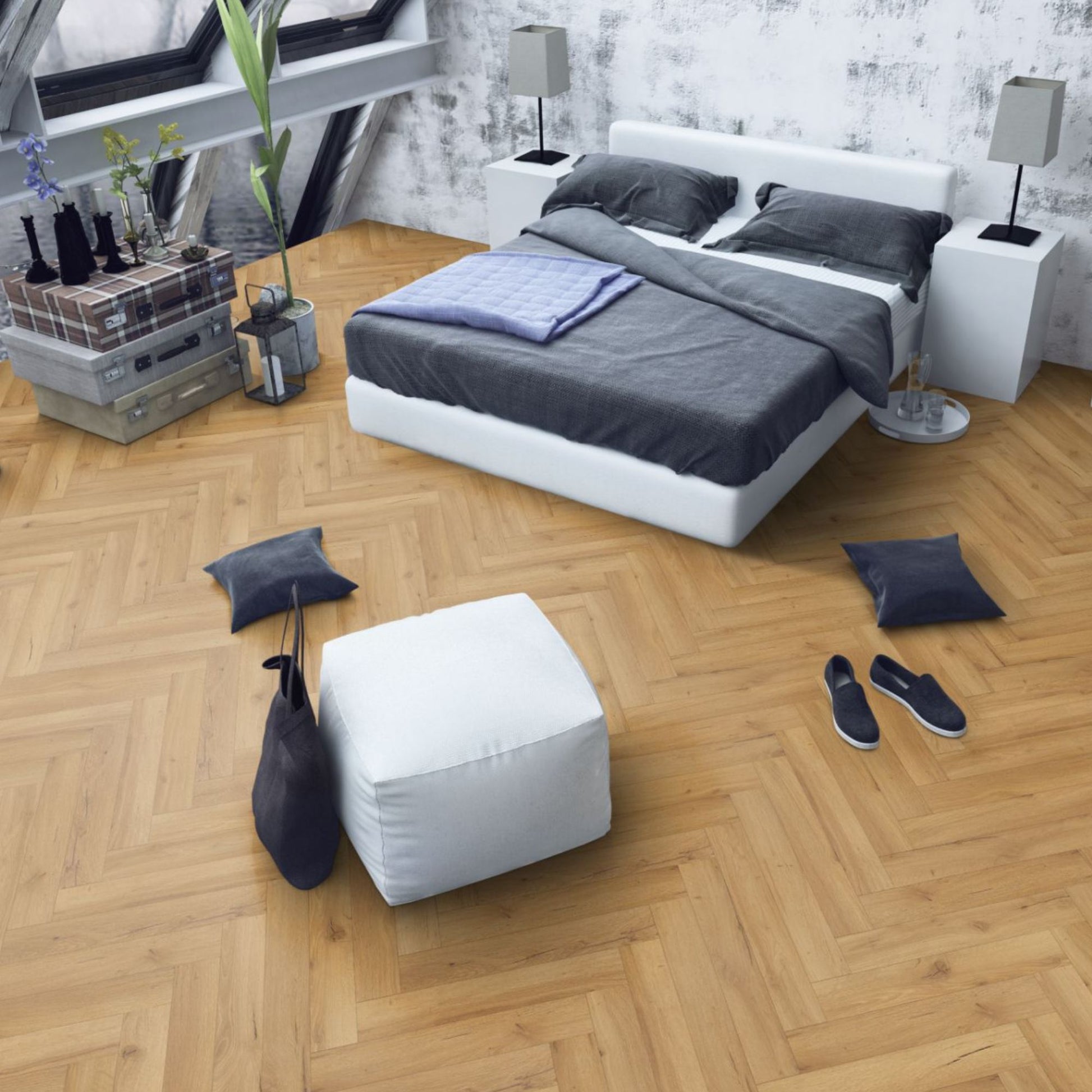 Robust Natural Oak Herringbone Lignum Fusion 12mm Laminate Lifestyle Image