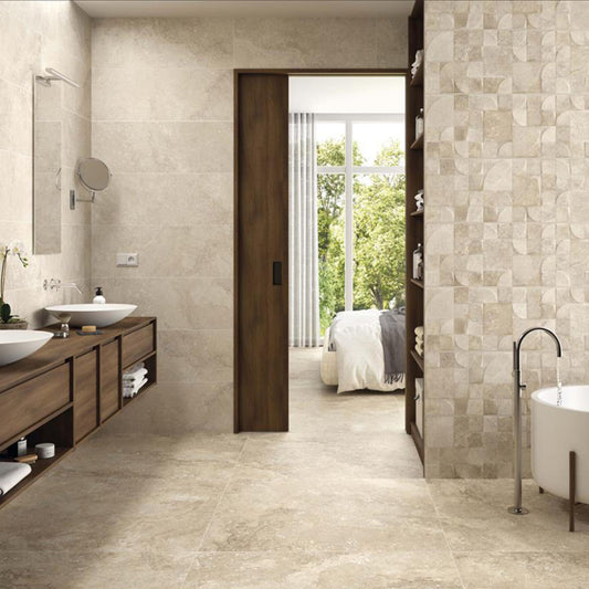 photo of rockstone beige porcelain tile by stn tiled on the floor of an ensuite bathroom