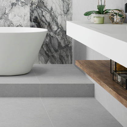 cromat perla porcelain floor tile by pamesa ceramica tiled in a bathroom