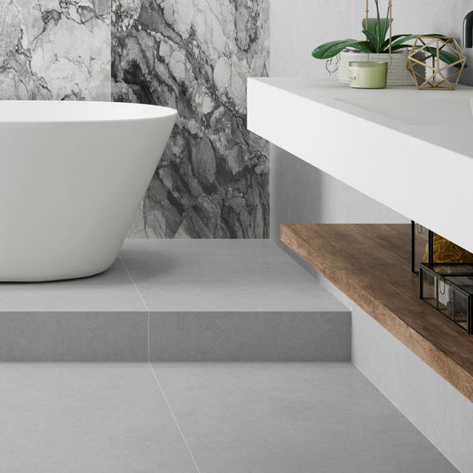 cromat perla porcelain floor tile by pamesa ceramica tiled in a bathroom