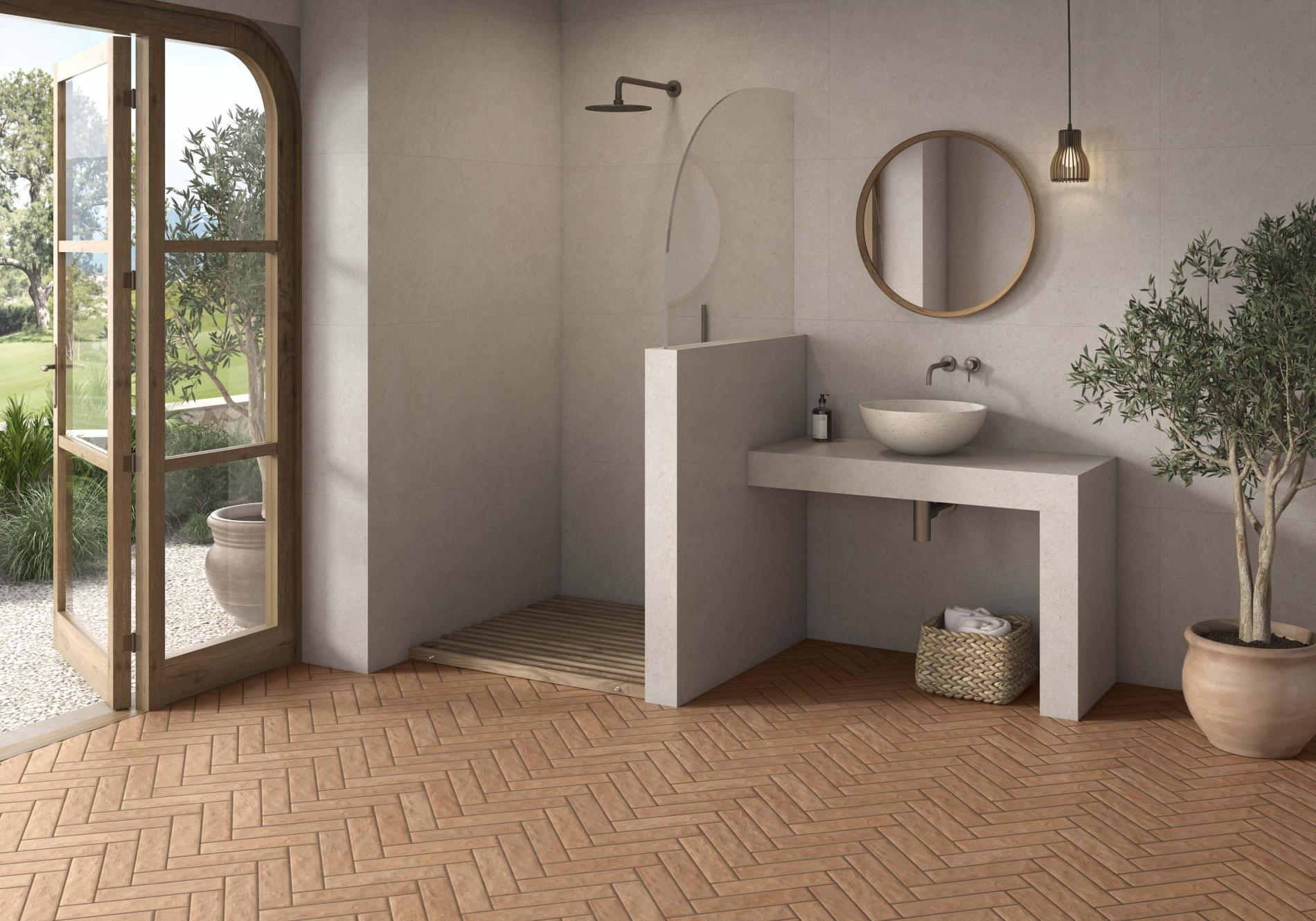 lifestyle image of dune pearl large format porcelain tile by pamesa