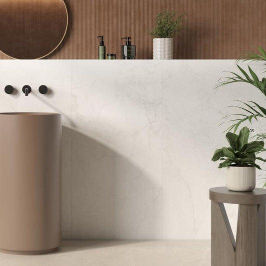 hermes white large format tile by pamesa ceramica tiled onto the wall of a bathroom