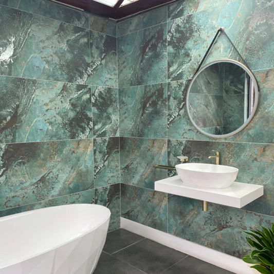 metallic blue large format porcelain tile