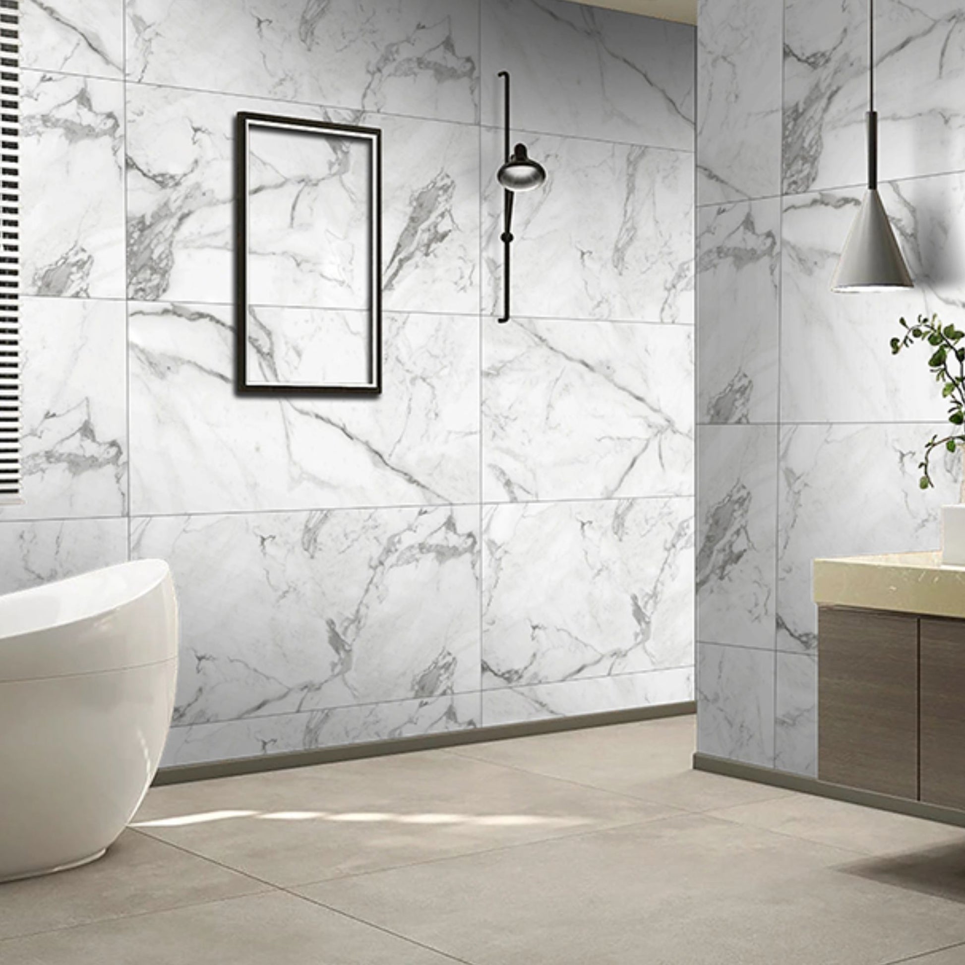 nover grey 1200x600 rectified porcelain tile on the wall of a bathroom
