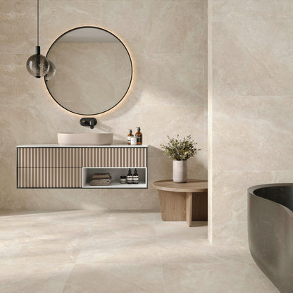nuances ivory porcelain tile by stn ceramica tiled on the floor and wall of a bathroom