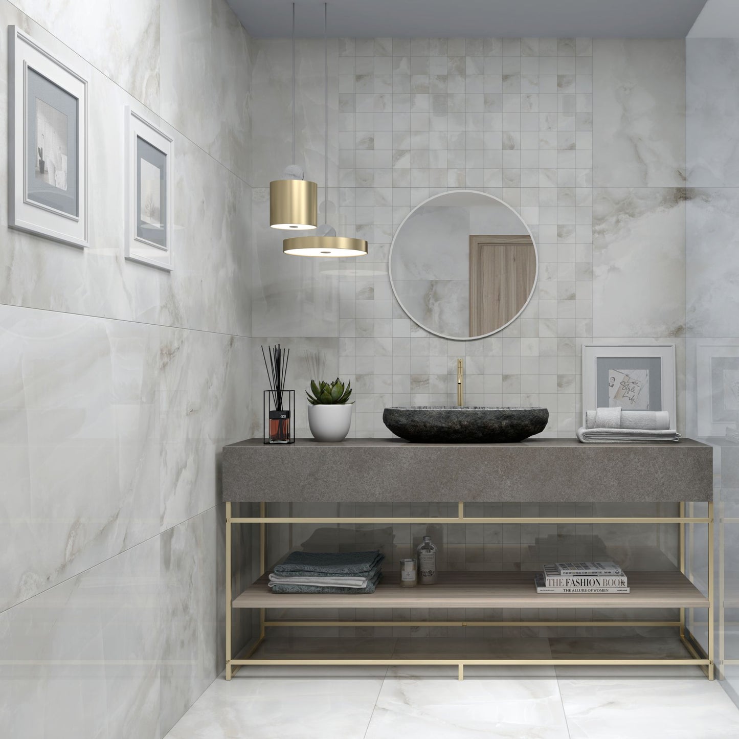 pamesa sardonyx pearl large format porcelain tile in a bathroom