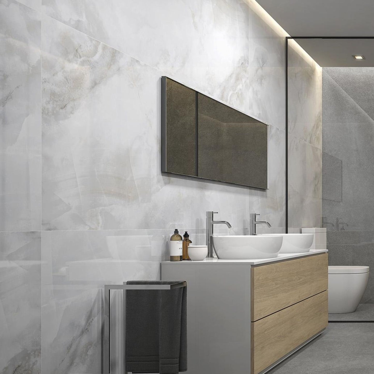 pamesa sardonyx pearl polished large format porcelain tile on a bathroom wall