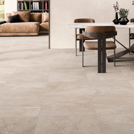 pamesa wells sand polished large format porcelain tile on dining room floor