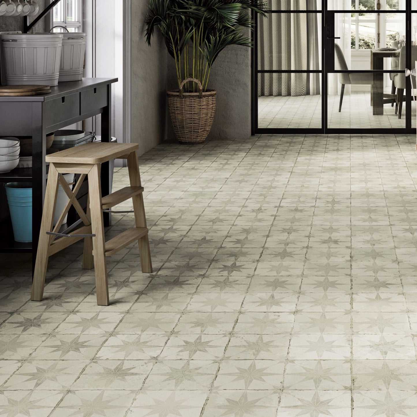 FS star white ceramic pattern tile by peronda tiled in a living area