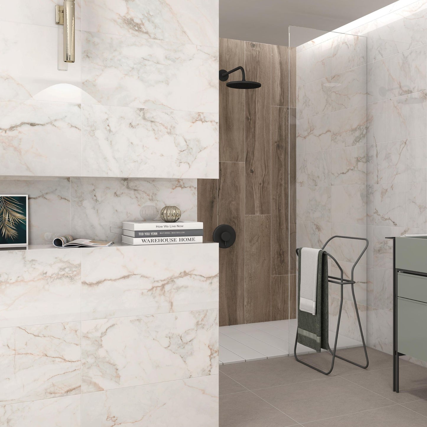pisa gold pamesa polished porcelain large format tile on a bathroom wall
