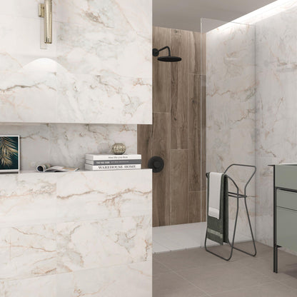 pisa gold pamesa polished porcelain large format tile on a bathroom wall