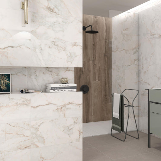 pisa gold pamesa polished porcelain large format tile on a bathroom wall