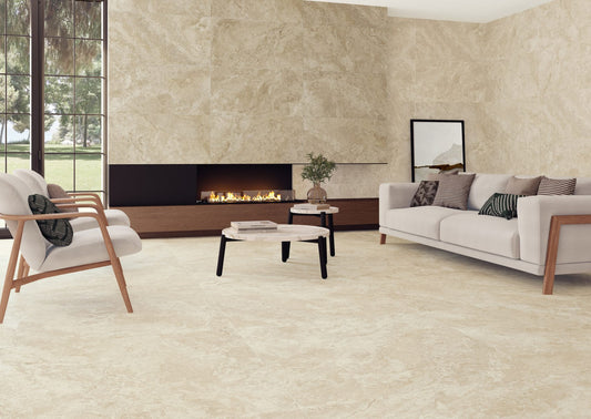 poetry natural 1200x600 large format porcelain tile by STN ceramica tiled on the wall in a livingroom