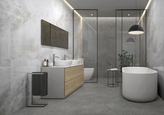 sardonyx pearl large format 1200x600 tile by pamesa tile factory in spain tiled on the wall of a bathroom