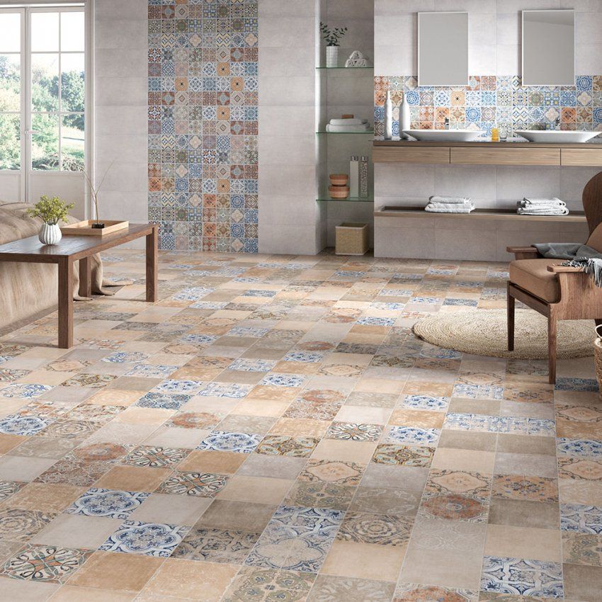 lifestyle photo of STN tours mix patterned tile on the floor of a livingroom