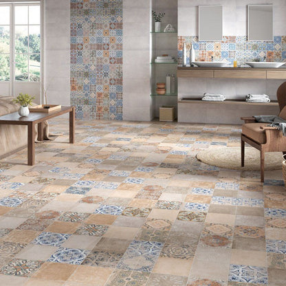 lifestyle photo of STN tours mix patterned tile on the floor of a livingroom