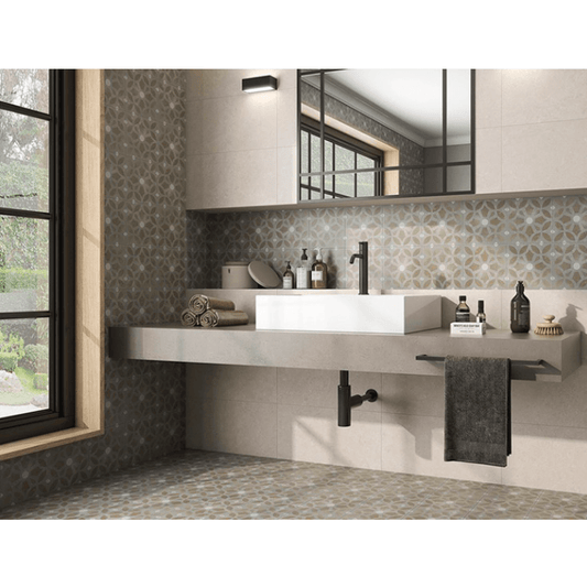 pamesa art Cezzane patterned tile on the wall and floor of a bathroom